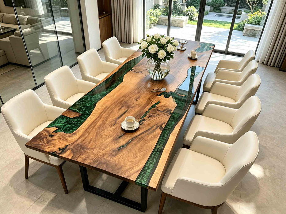 Luxury walnut epoxy river table with green resin, set in an open-concept home with floor-to-ceiling windows.
