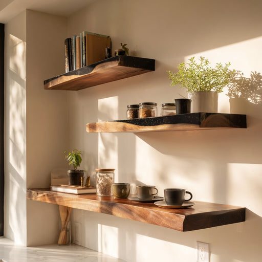 Luxury walnut floating shelf featuring black epoxy resin contrast.