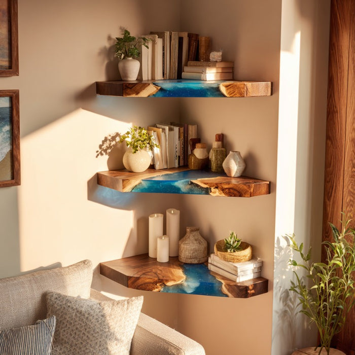 Luxury walnut floating shelf featuring blue epoxy resin design.