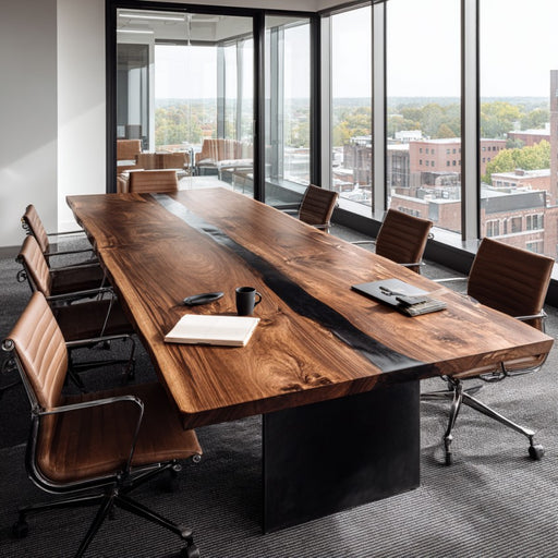 Long wooden conference table with chairs in a modern office setting