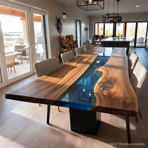 Luxury walnut and blue resin dining table with elegant river pattern.