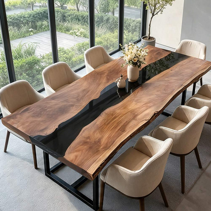 Luxury walnut dining table with resin detailing and sleek modern styling.