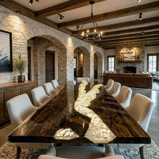 A luxury live edge walnut wood dining table featuring a glowing white epoxy resin river with a high-gloss finish in a modern dining room.