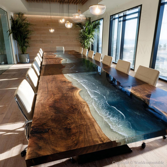 Close up of black walnut wood grain and wave epoxy inlay