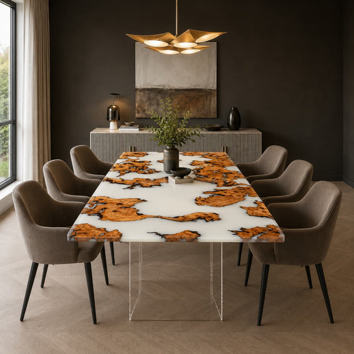 Luxury white epoxy dining table featuring natural burl wood grain
