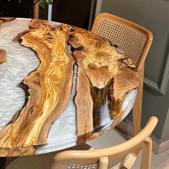 Luxury white resin epoxy table with elegant round wooden design