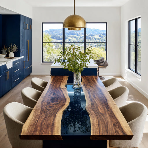Modern dining room with a wooden table and chairs, large windows, and blue cabinets.