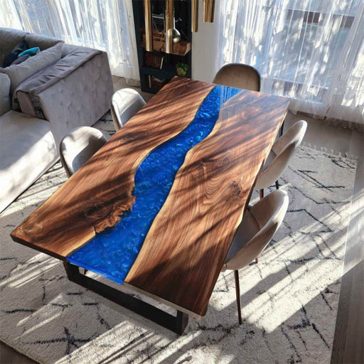 matte finish walnut wood blue epoxy resin table with beige chairs