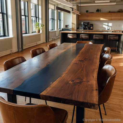 Close up of black walnut wood texture and vibrant blue epoxy inlay