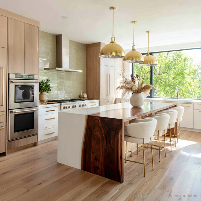 Minimalist black walnut white epoxy waterfall table in kitchen