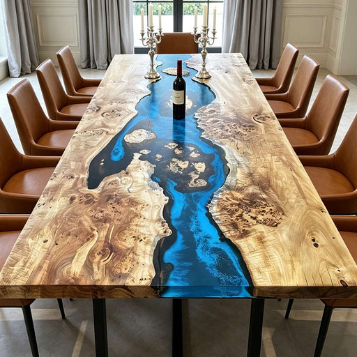 Modern live edge epoxy river table white poplar wood with blue resin finish