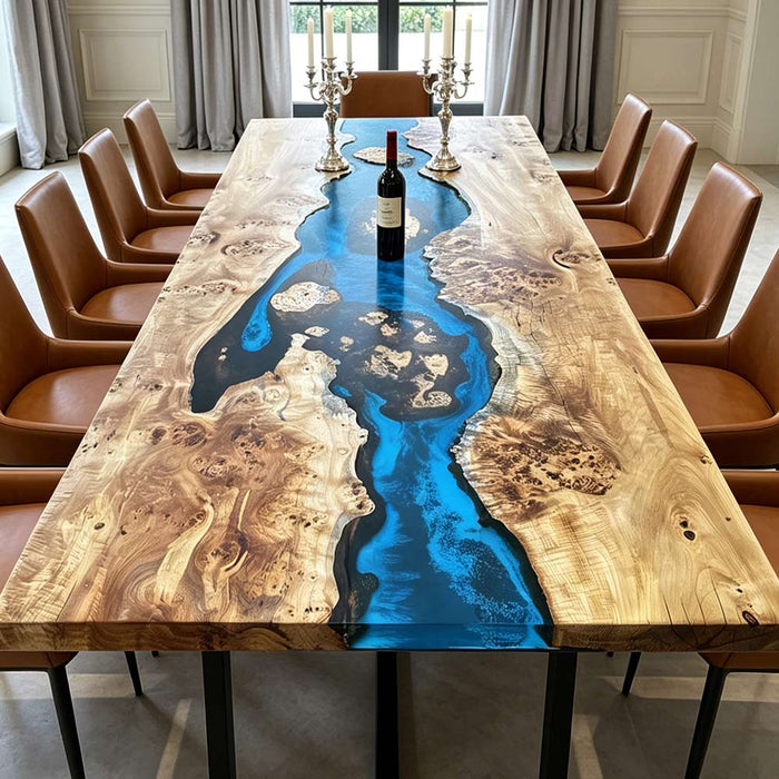 Modern live edge epoxy river table white poplar wood with blue resin finish