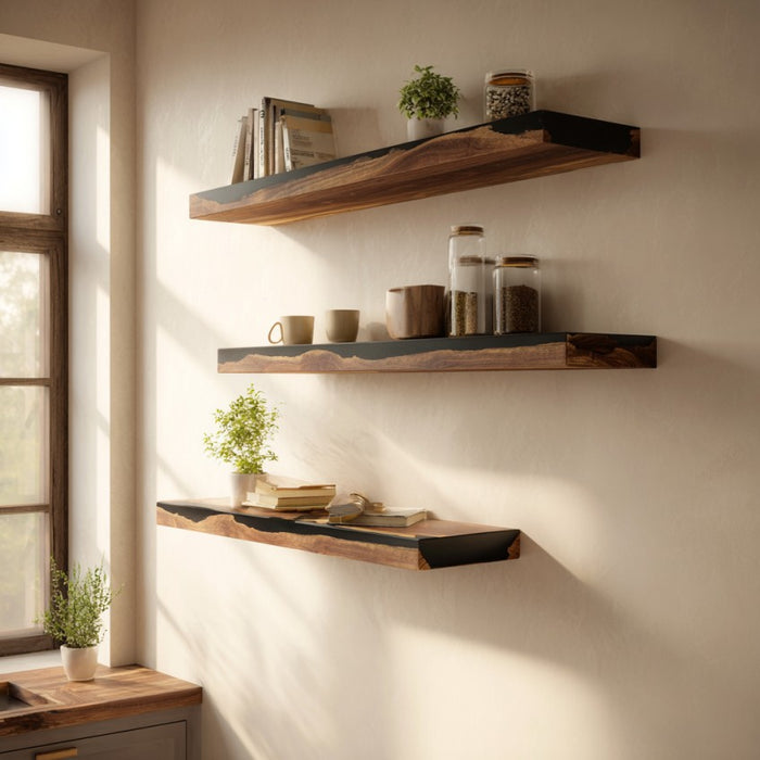 Minimalist epoxy floating shelf made from walnut wood for interiors.