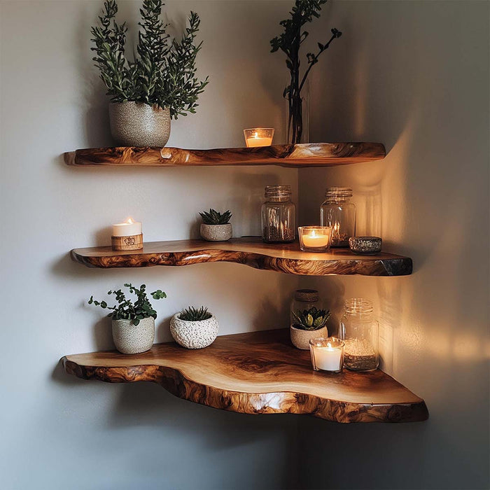 Wooden shelves with plants and candles against a plain wall