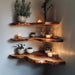 Wooden shelves with plants and candles against a plain wall