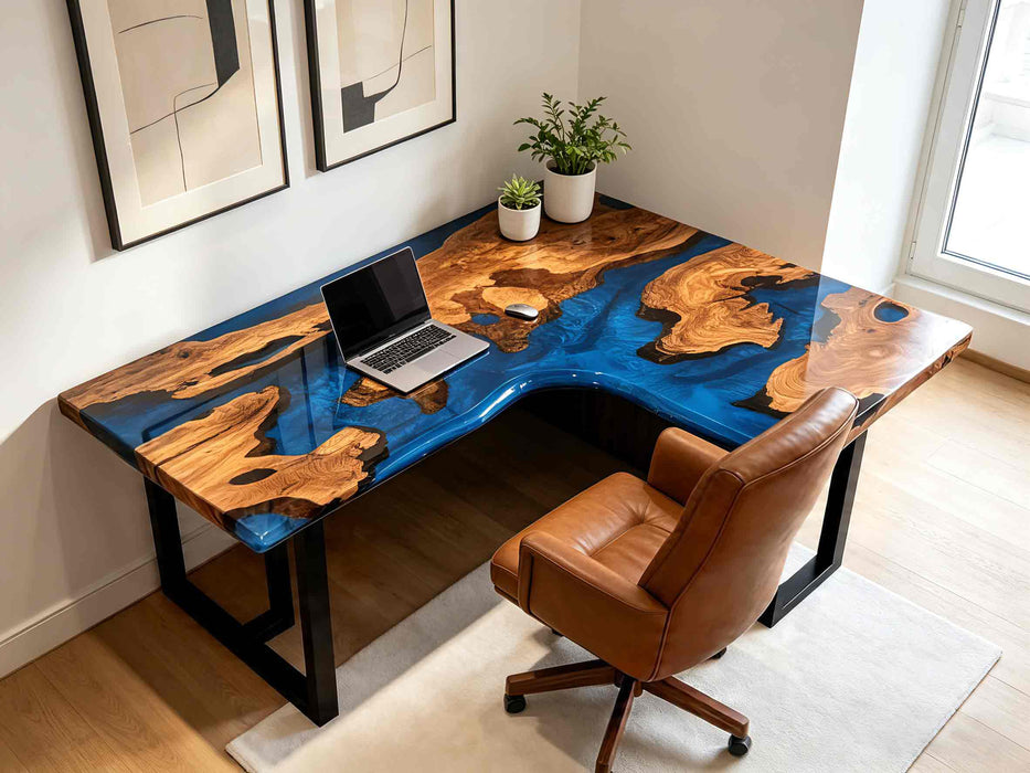 Modern L-shaped epoxy river computer desk for executive office and home workspace