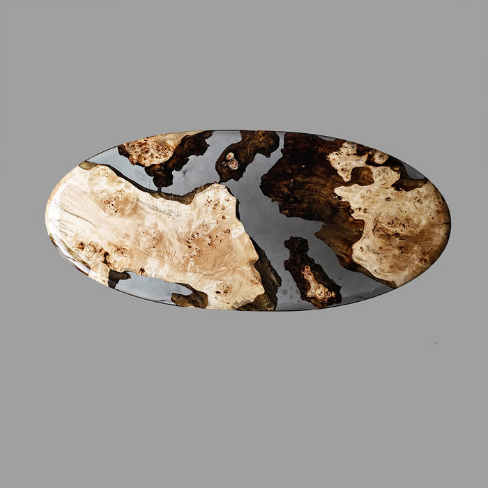 Oval resin and wood table in a modern art gallery space