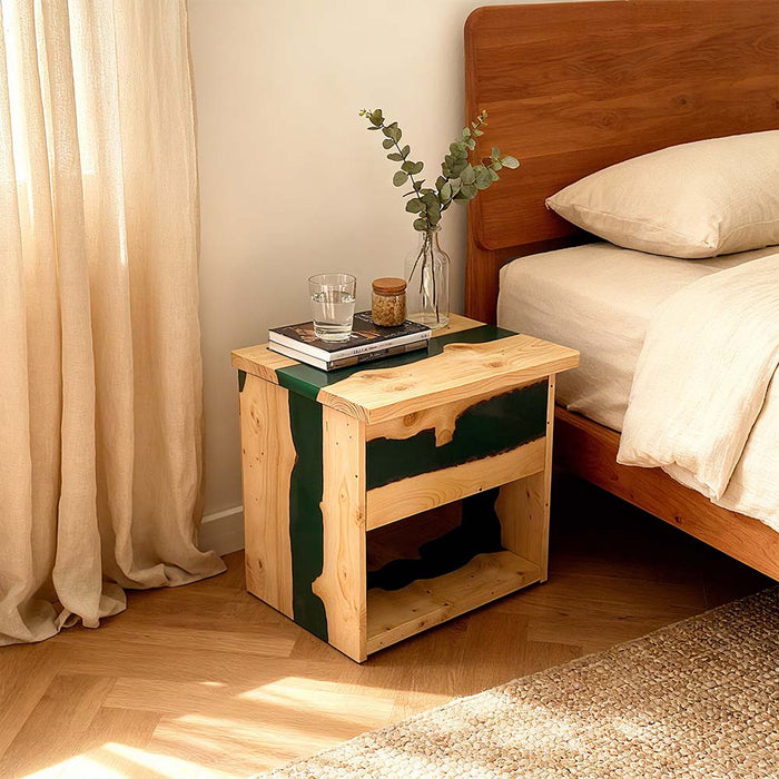 Modern ash wood epoxy nightstand enhancing bedroom interior.