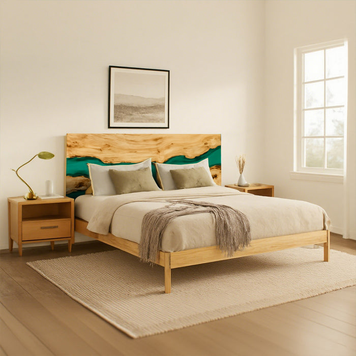 Bedroom with wooden bed, nightstands, and a lamp.