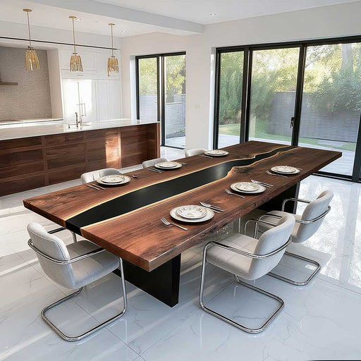 Modern black epoxy conference table with solid walnut wood top