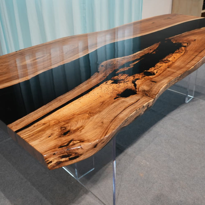 Modern black epoxy home office desk with natural walnut grain