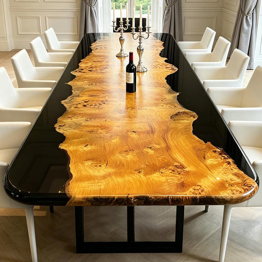 Handmade poplar resin desk table with natural wood grain and black glossy epoxy finish