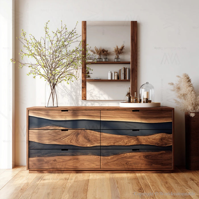 Modern black epoxy resin dresser in bedroom setting with sleek design