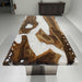 Modern black walnut and white epoxy resin dining table designed for luxury homes in Los Angeles.