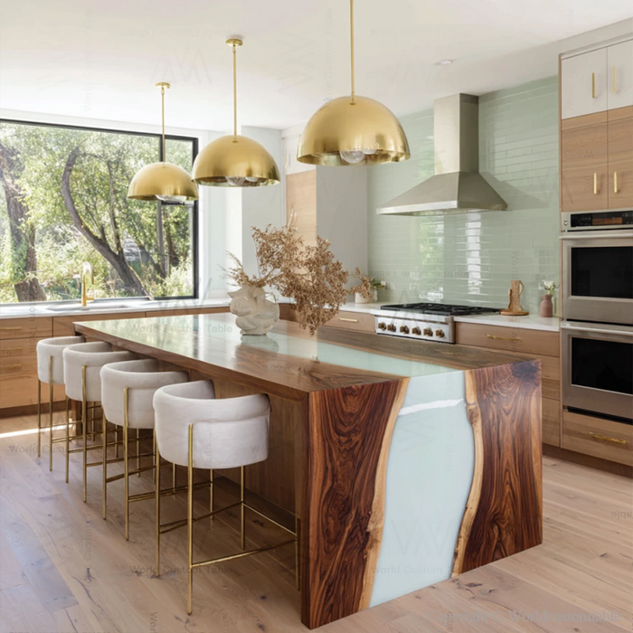 Modern black walnut and white epoxy waterfall table in kitchen