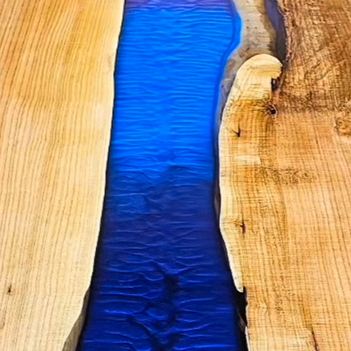Modern Deep Blue Epoxy River Dining Table in Oak