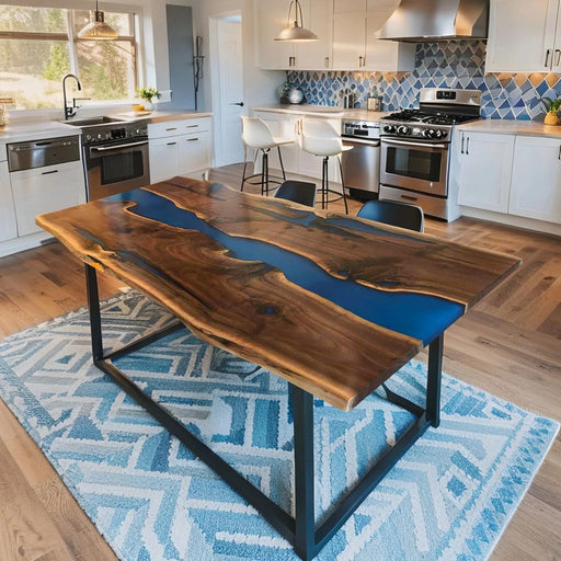 Modern epoxy river dining table made of walnut wood and blue resin