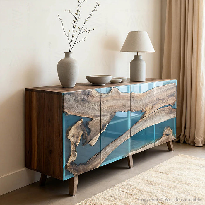 Modern blue resin epoxy cabinet in living room setting