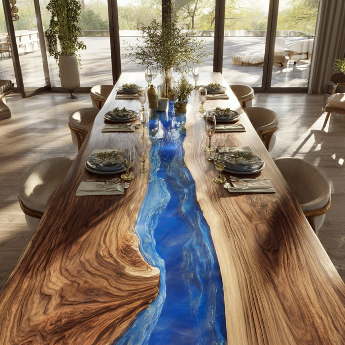 Dining table with a blue resin river design in a modern room.