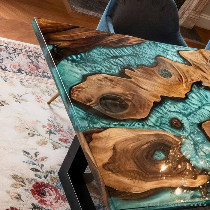 Modern dining room featuring burl wood epoxy dining table