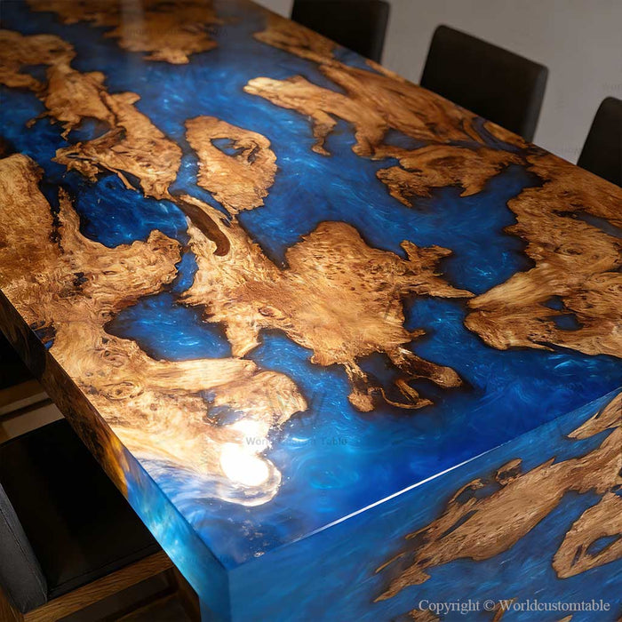 Modern epoxy waterfall table made from burl wood and blue resin
