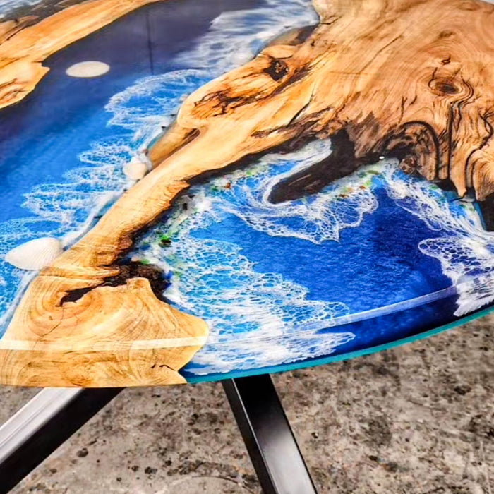 Modern coastal style epoxy resin table seating 6-8 people
