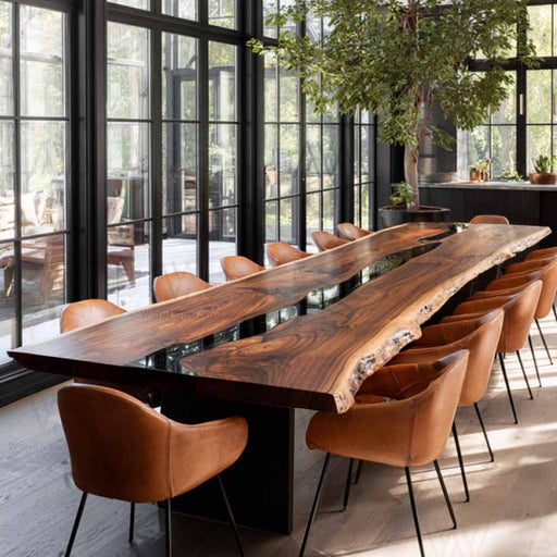 Modern office meeting table made from live edge walnut with epoxy details
