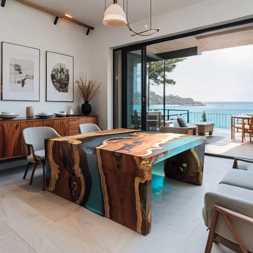 Modern living room with a unique wooden table and ocean view