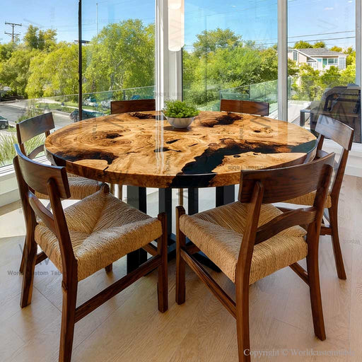 Modern dining room featuring a round epoxy dinning table