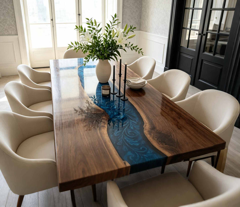 Modern black walnut dining table with blue epoxy resin centerpiece design