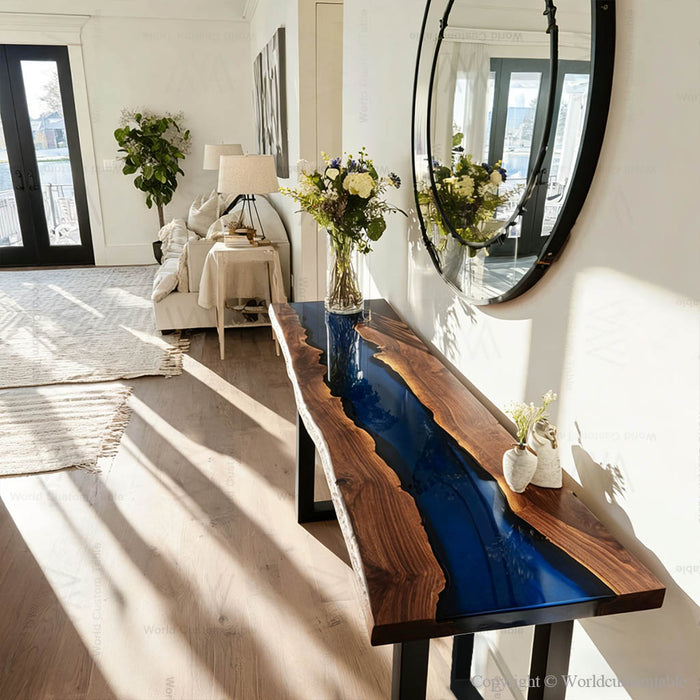 Walnut wood epoxy console table styled in a modern hallway