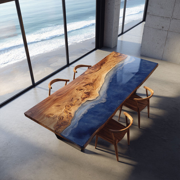 Modern epoxy dining table with beach shore design and natural walnut grain