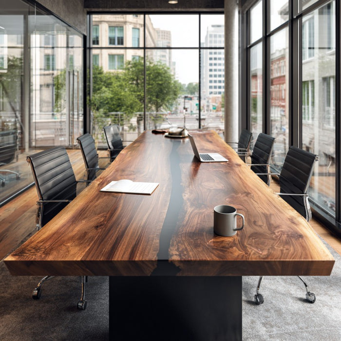 Long wooden conference table in a modern office with large windows.