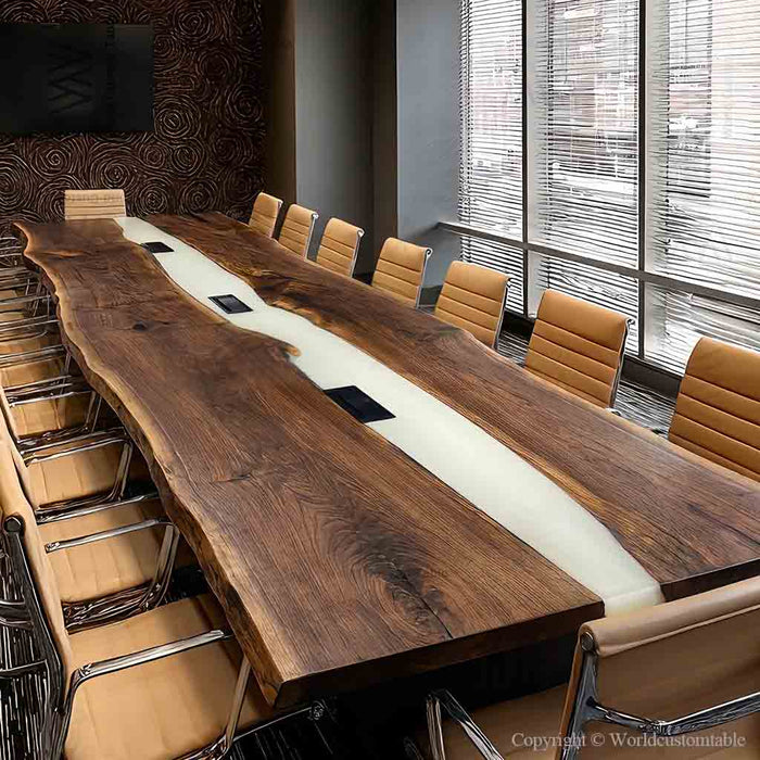 Modern epoxy conference table in a corporate meeting room designed for professional discussions and presentations.
