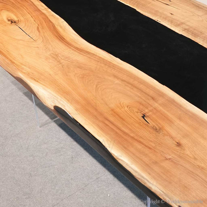 Modern epoxy dining table black walnut in luxury apartment dining area