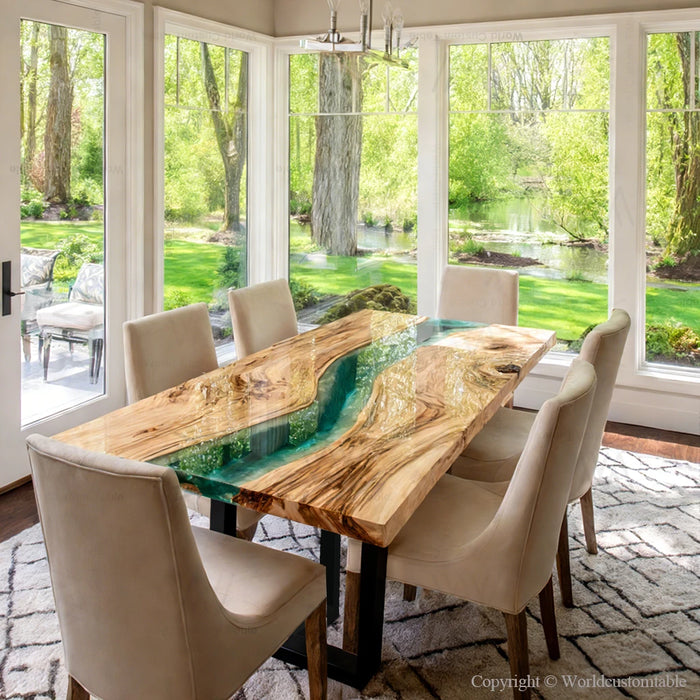 Modern epoxy dining table set with chairs in stylish dining area