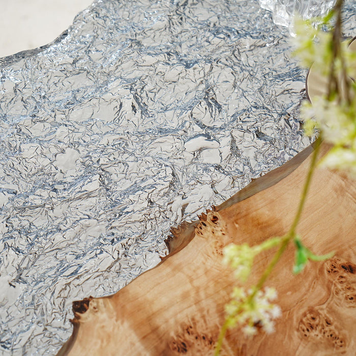 Modern epoxy ice coffee table with live edge wood and ice-like resin
