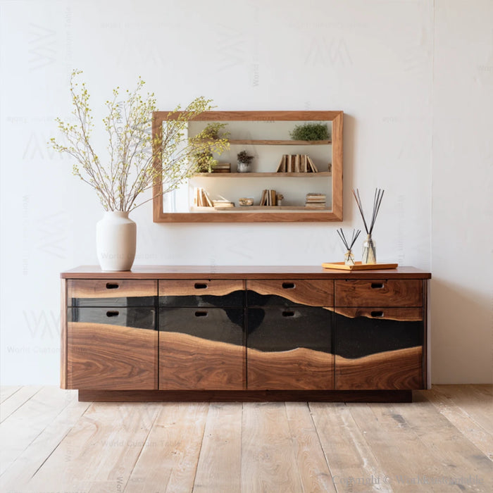 Modern epoxy resin drawer cabinet in living room setting