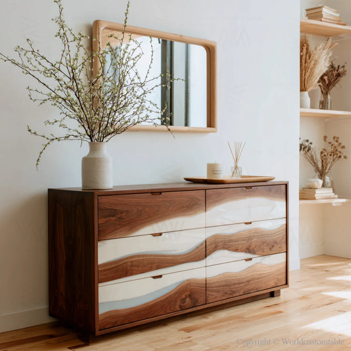 Modern epoxy resin dresser in bedroom setting showcasing contemporary design