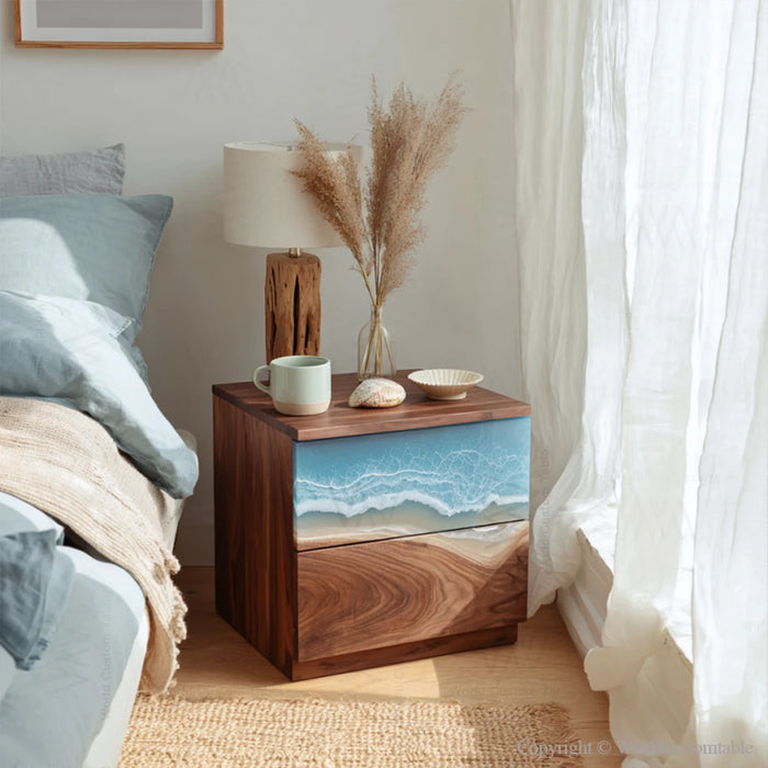 Modern epoxy resin nightstand placed beside a bed in a bedroom setting